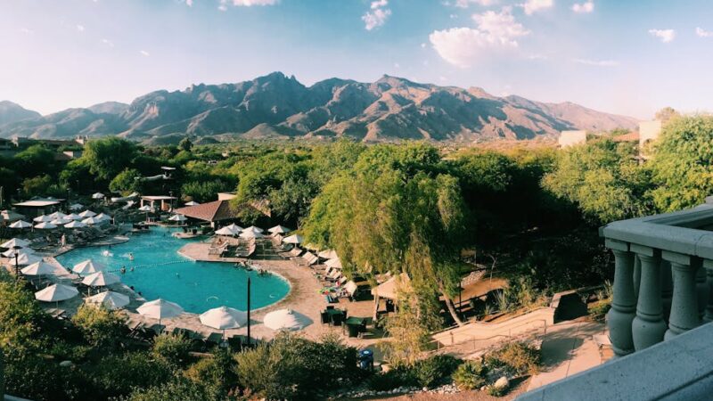 Aerial view of a resort pool surrounded by trees, with mountains in the background under a sunny sky.